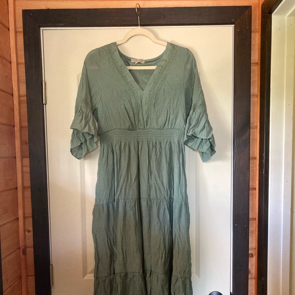 COPY - Mossy green dress, ankle length, size large. Super cute!